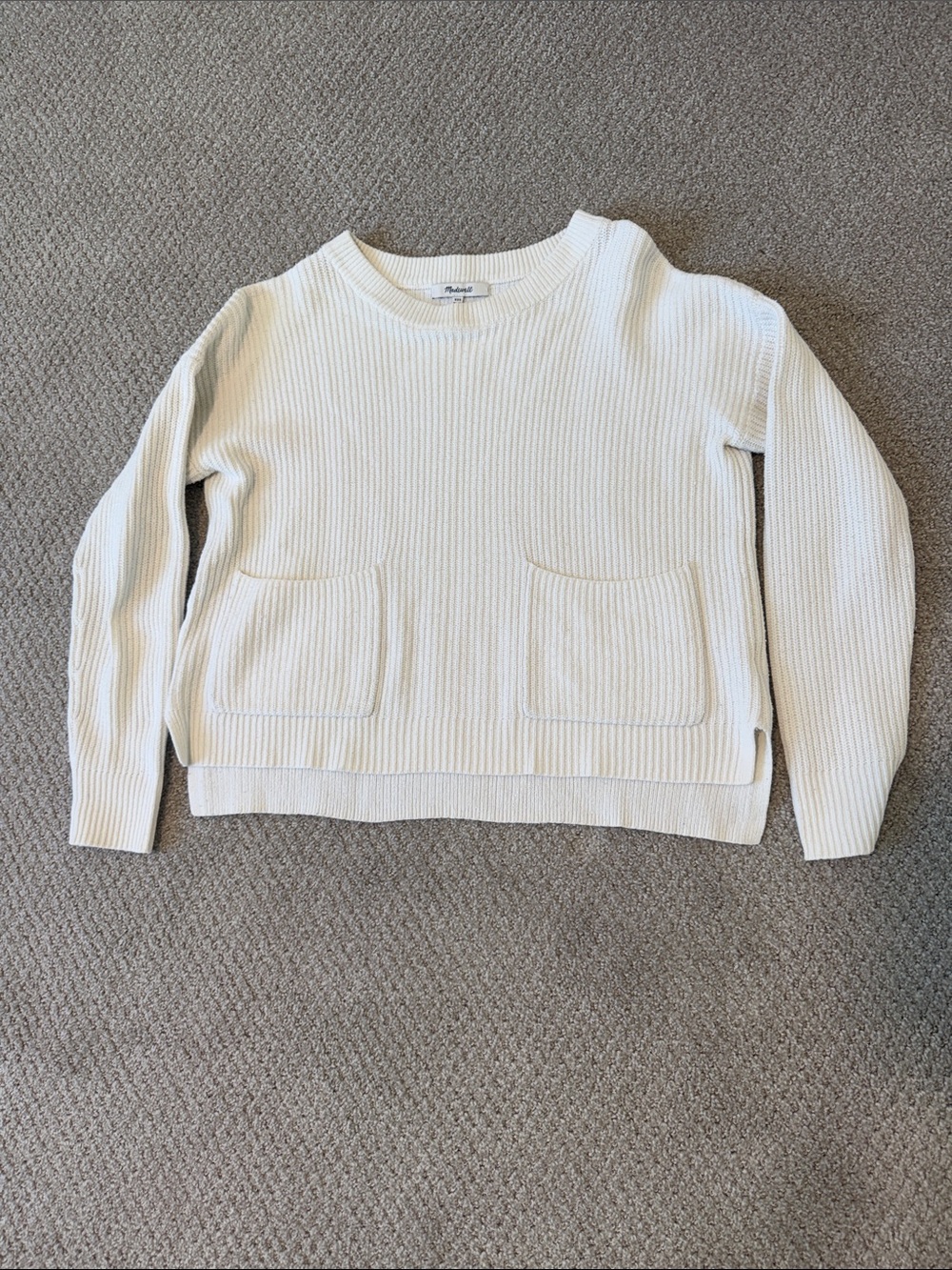 Madewell Cream Ribbed Crewneck Sweater with Front Pockets